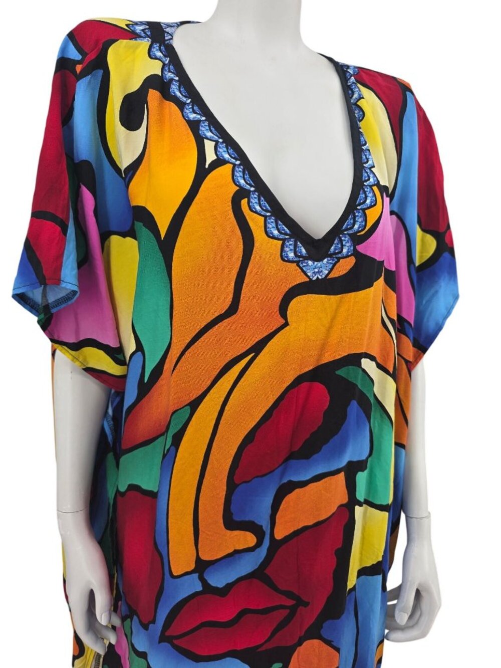 Colorful Abstract Print Kaftan Dress With V-Neck & Embroidered Trim